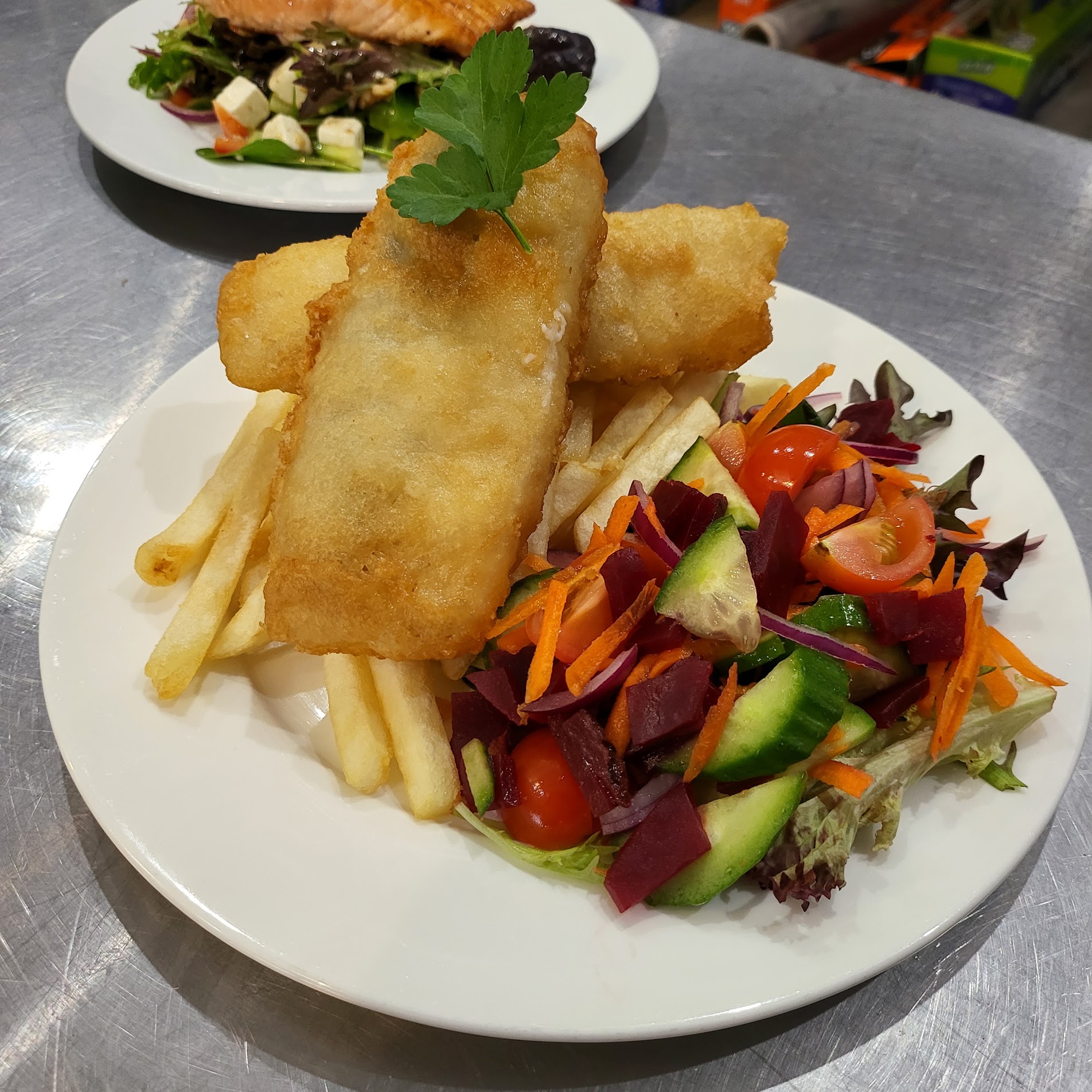 Battered fish with chips and salad at Cattle Dog Cafe Muswellbrook