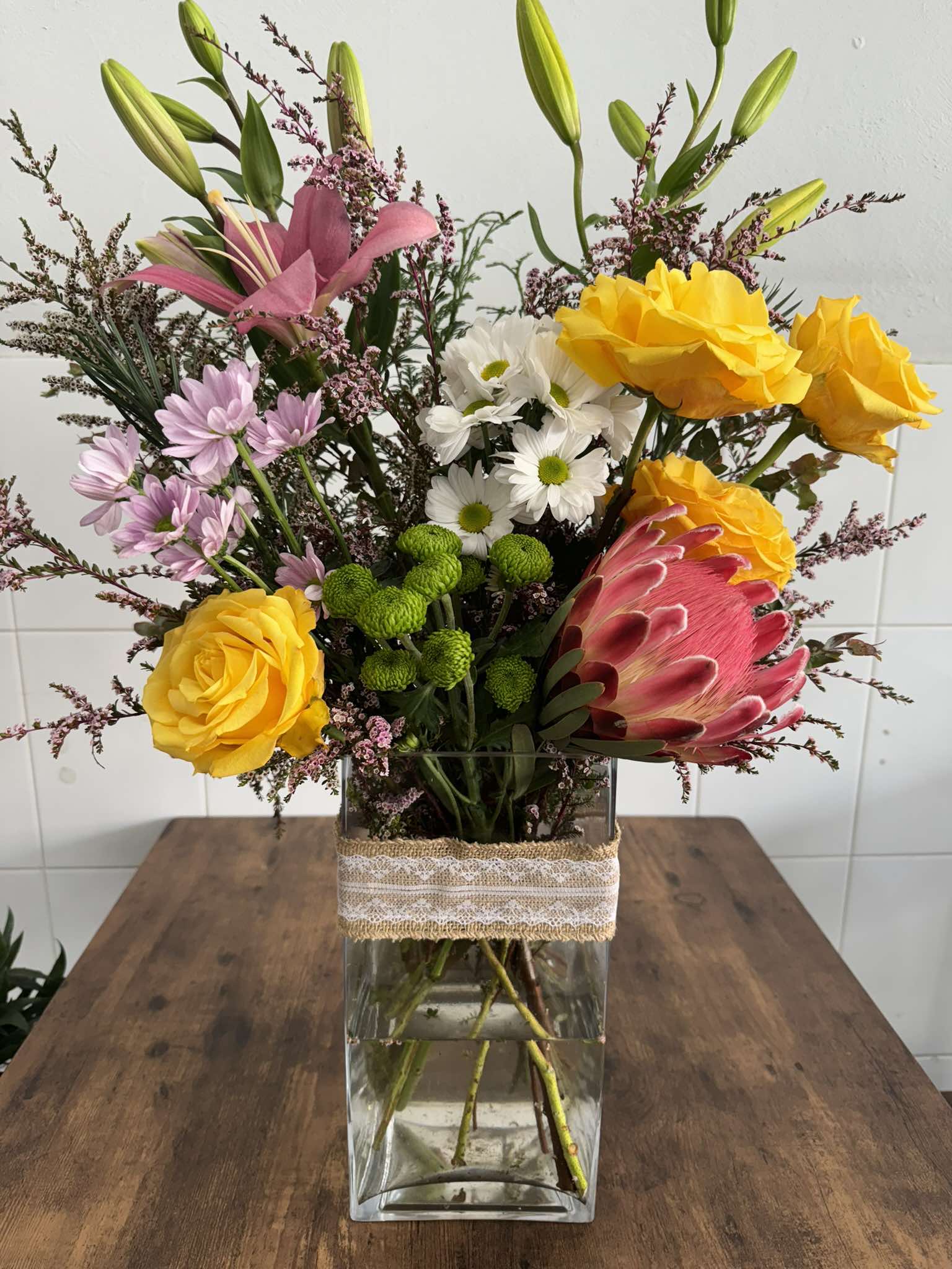 Yellow and pink fresh flower arrangement from Cattle Dog Florist in Muswellbrook